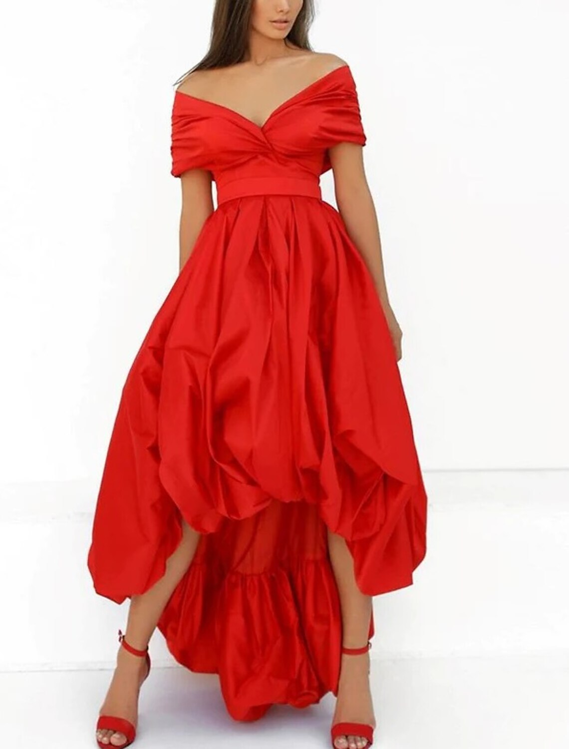 Wholesa  Ball Gown A-Line Prom Dresses Elegant Dress Formal Prom Asymmetrical Short Sleeve Sweetheart Taffeta with Ruched