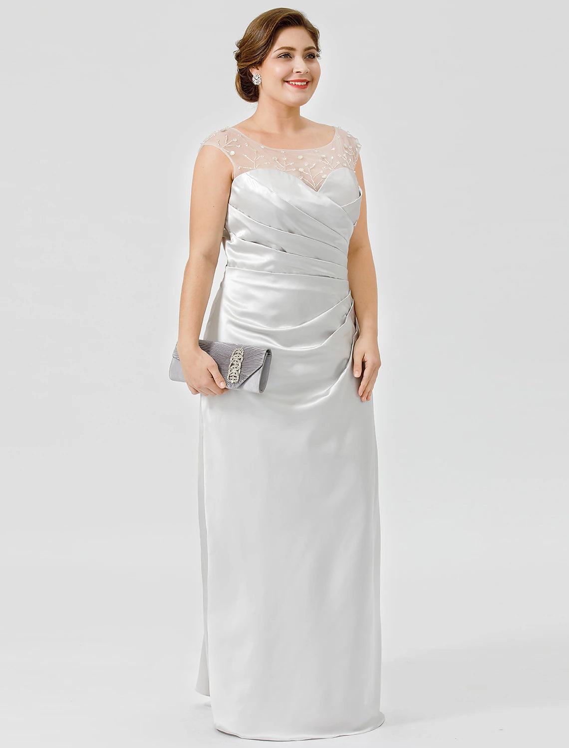 wholesale  Sheath / Column Mother of the Bride Dress Classic & Timeless Elegant & Luxurious Plus Size Jewel Neck Floor Length Satin Sleeveless No with Pleats Crystals