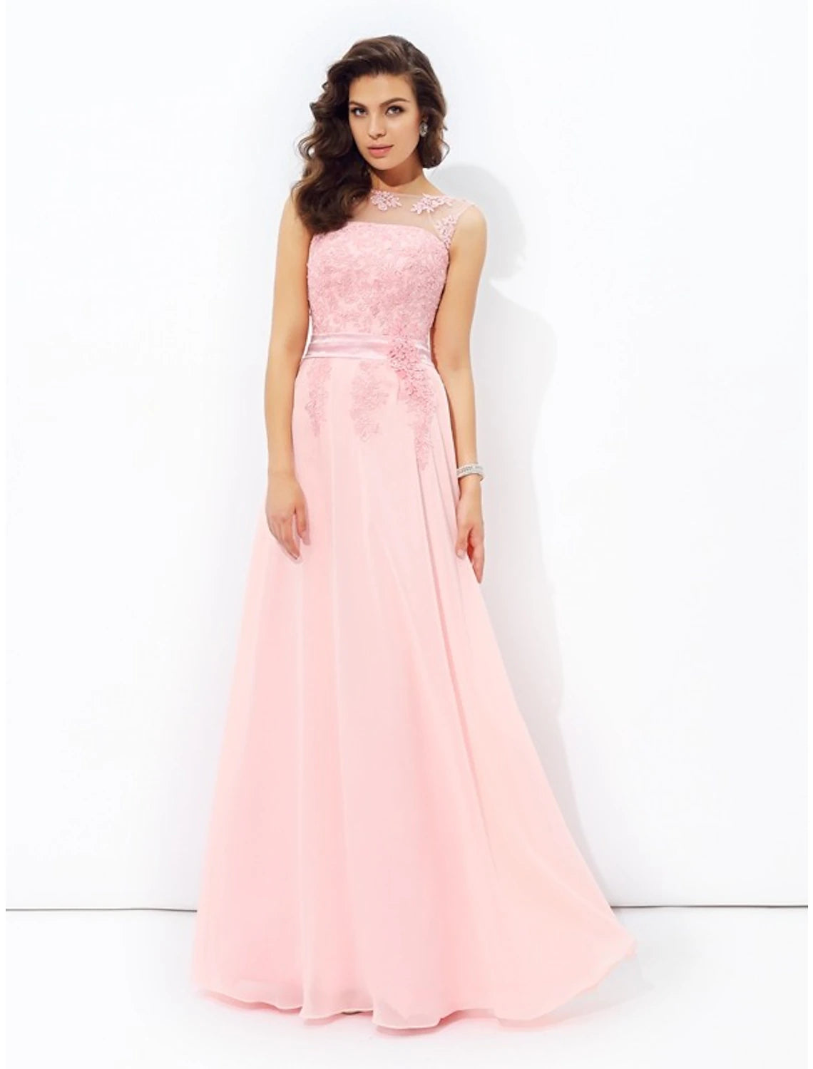 Wholesa A-Line Prom Dresses Sparkle & Shine Dress Formal Wedding Guest Floor Length Sleeveless Jewel Neck Chiffon with Appliques