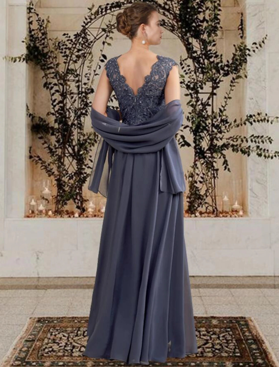 wholesale  A-Line Mother of the Bride Dress Elegant V Neck Floor Length Chiffon Lace Sleeveless Shawls with Pleats Sequin Crystal Brooch