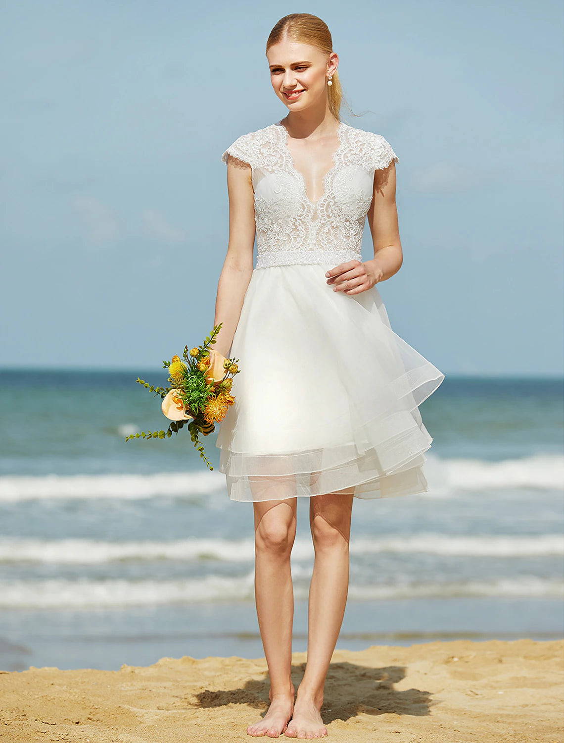 wholesale  Wedding Dresses A-Line V Neck Sleeveless Knee Length Tulle Bridal Gowns With Sash / Ribbon Beading