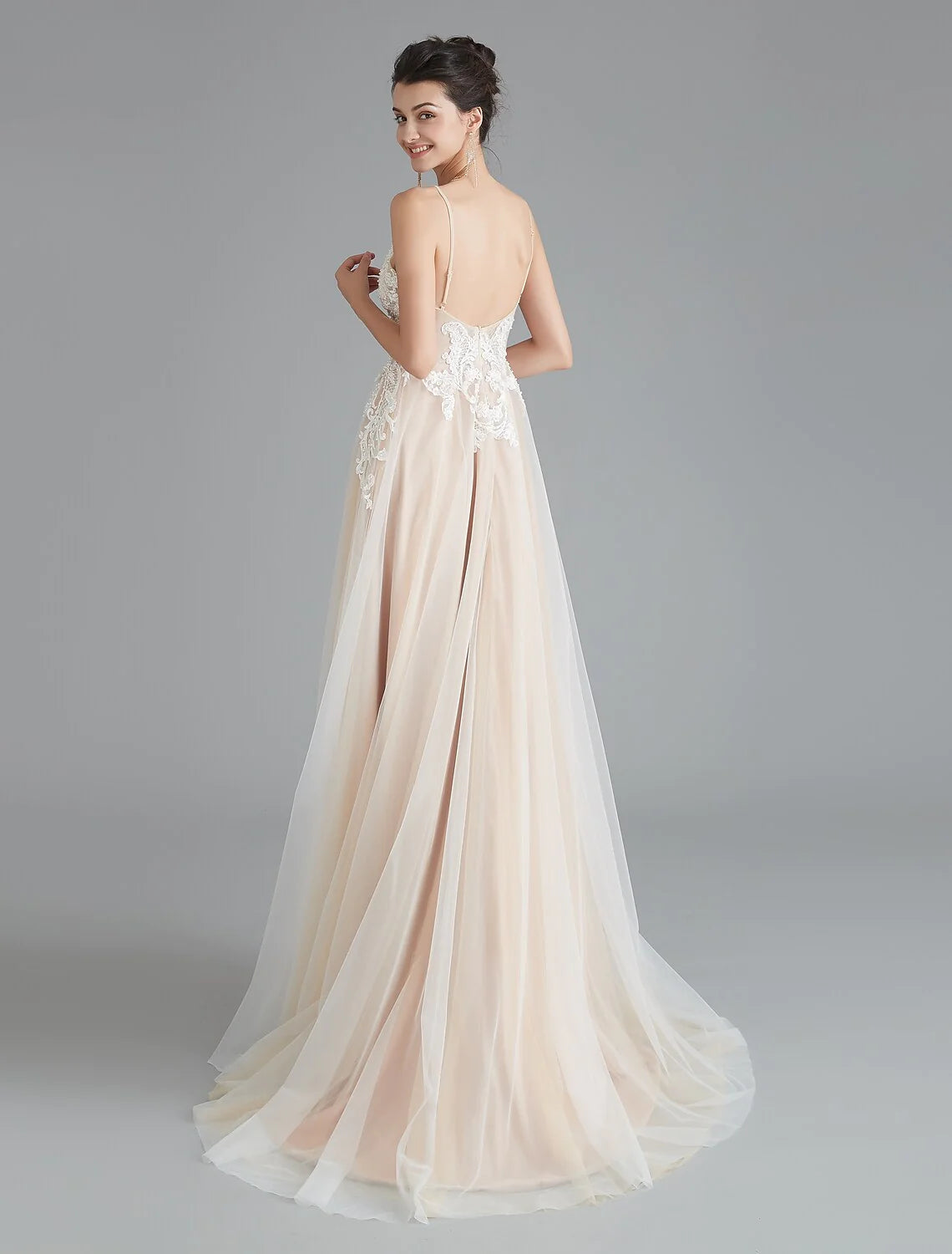 Wholesa A-Line Prom Dresses Beautiful Back Dress Wedding Guest Sweep / Brush Train Sleeveless V Neck Lace with Beading