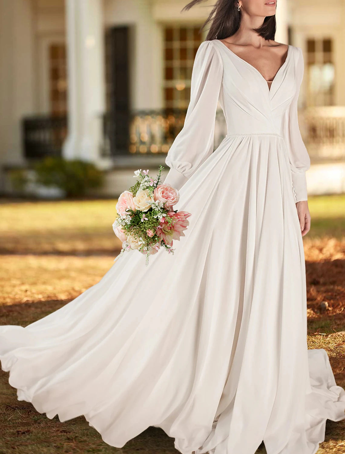 Wholesa Simple Wedding Dresses A-Line V Neck Long Sleeve Sweep / Brush Train Chiffon Bridal Gowns With Pleats