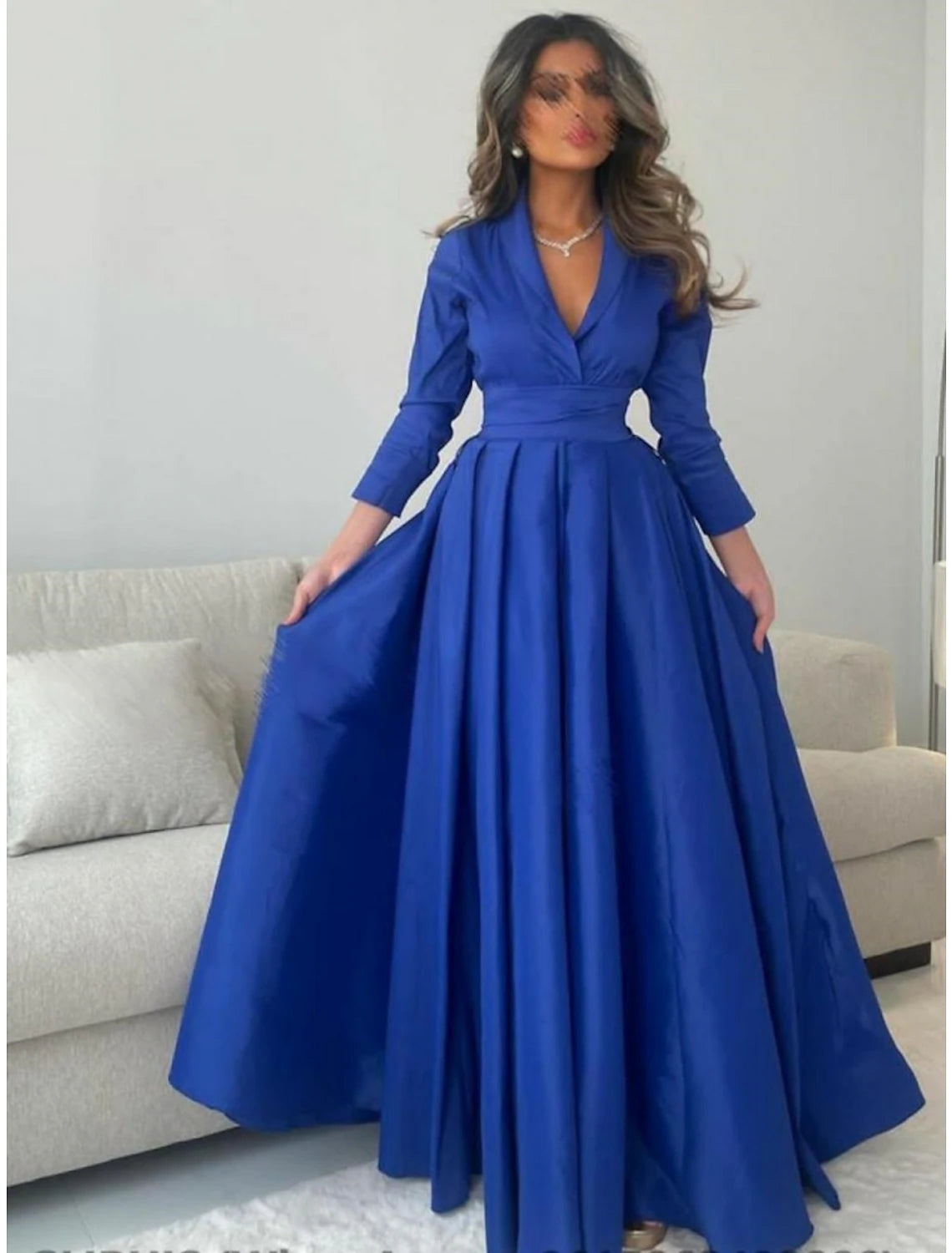 Wholesa A-Line Evening Gown Elegant Dress Formal Floor Length 3/4 Length Sleeve V Neck Satin with Pleats