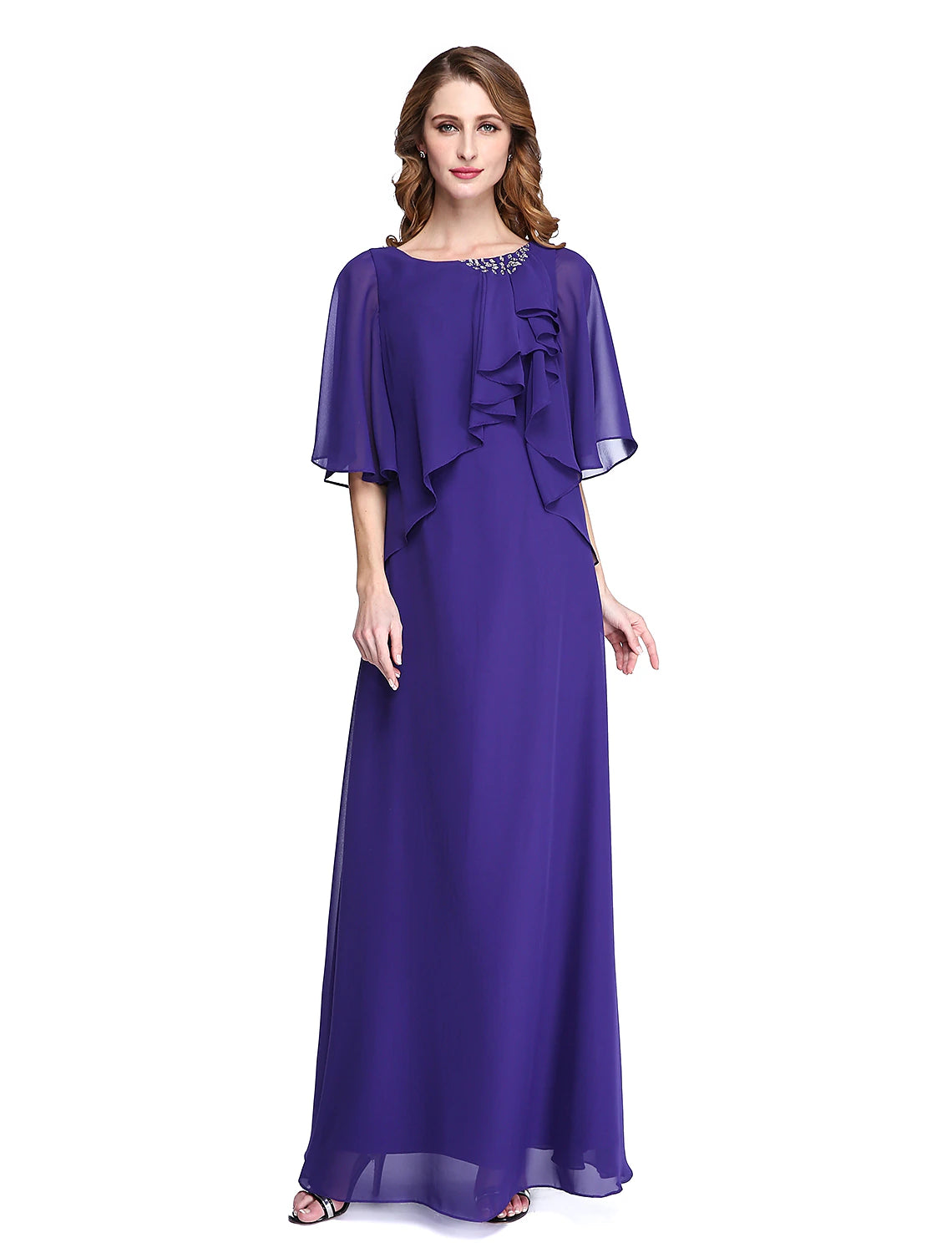 wholesale  Sheath / Column Mother of the Bride Dress Elegant Open Back Jewel Neck Floor Length Chiffon Half Sleeve with Pleats Beading Ruffle
