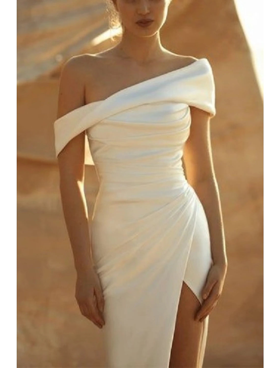 Wholesa Beach Formal Wedding Dresses Mermaid / Trumpet Off Shoulder Sleeveless Floor Length Charmeuse Bridal Gowns With Pleats Ruched