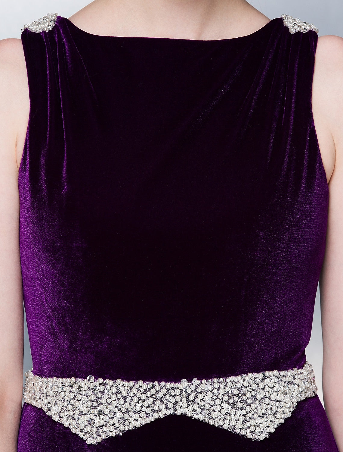 Wholesa A-Line Open Back Formal Evening Dress Bateau Neck Sleeveless Court Train Velvet with Sash / Ribbon Pearls Beading