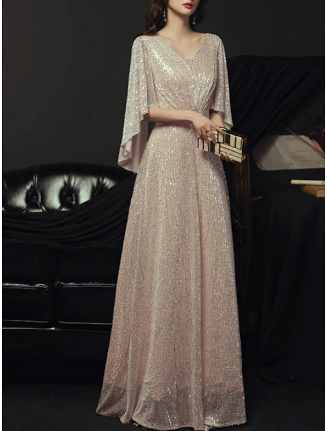 Wholesa Sheath / Column Mother of the Bride Dress Elegant Sparkle & Shine Petite V Neck Floor Length Sequined Half Sleeve with Pleats Crystal Brooch
