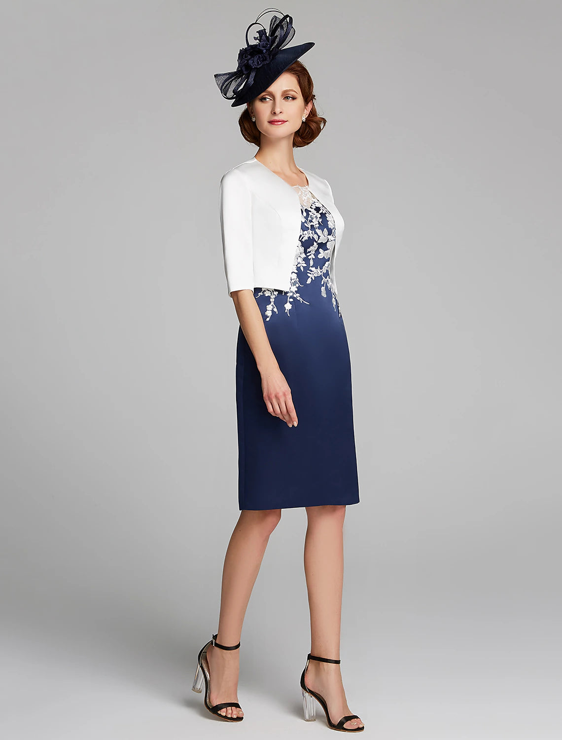 wholesale  Sheath / Column Mother of the Bride Dress Wrap Included Jewel Neck Knee Length Satin Lace Sleeveless with Appliques