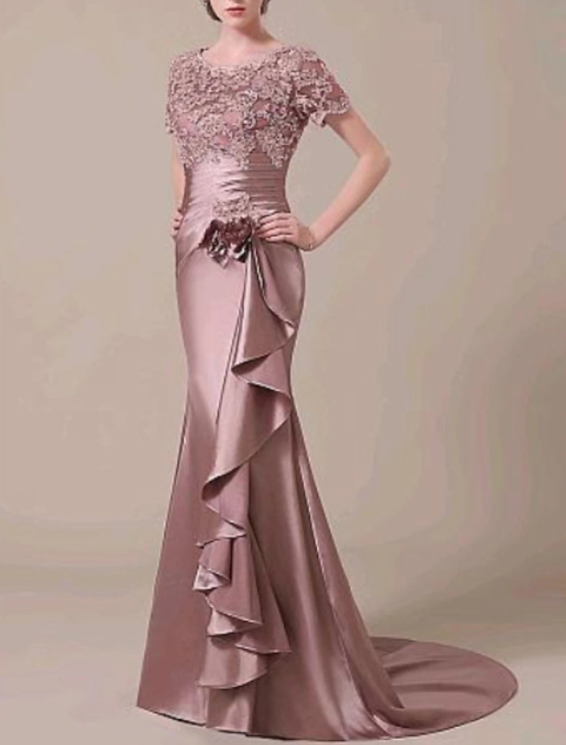 Wholesa Mermaid / Trumpet Elegant Formal Evening Dress Jewel Neck Short Sleeve Sweep / Brush Train Lace with Ruched Ruffles Appliques