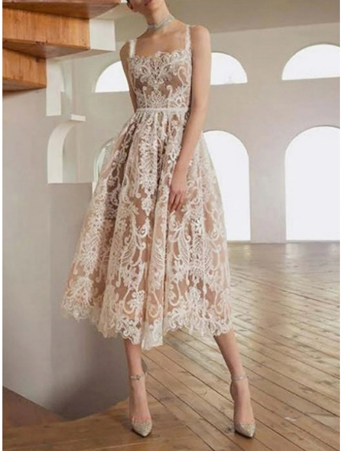 Wholesa  Casual Wedding Dresses A-Line Camisole Sleeveless Tea Length Lace Bridal Gowns With Pleats