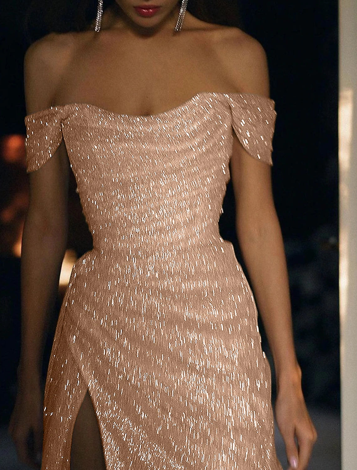 Wholesa  Mermaid / Trumpet Evening Gown Sparkle & Shine Dress Wedding Guest Prom Sweep / Brush Train Short Sleeve Off Shoulder Fall Wedding Reception Satin with Slit