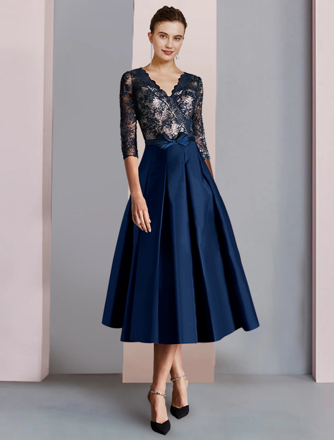 wholesale   A-Line Mother of the Bride Dress Formal Wedding Guest Party Elegant V Neck Tea Length Satin Lace Half Sleeve with Bow(s) Ruching