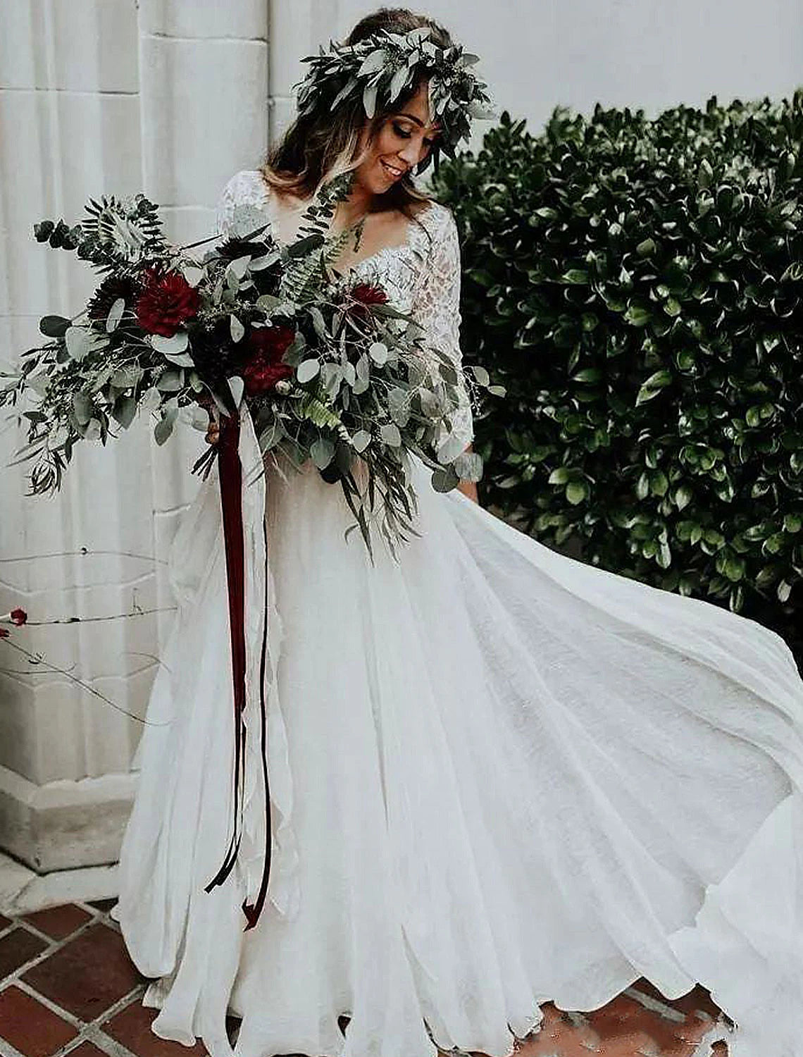 wholesale  Boho Wedding Dresses Ball Gown V Neck 3/4 Length Sleeve Sweep / Brush Train Chiffon Bridal Suits Bridal Gowns With Pleats