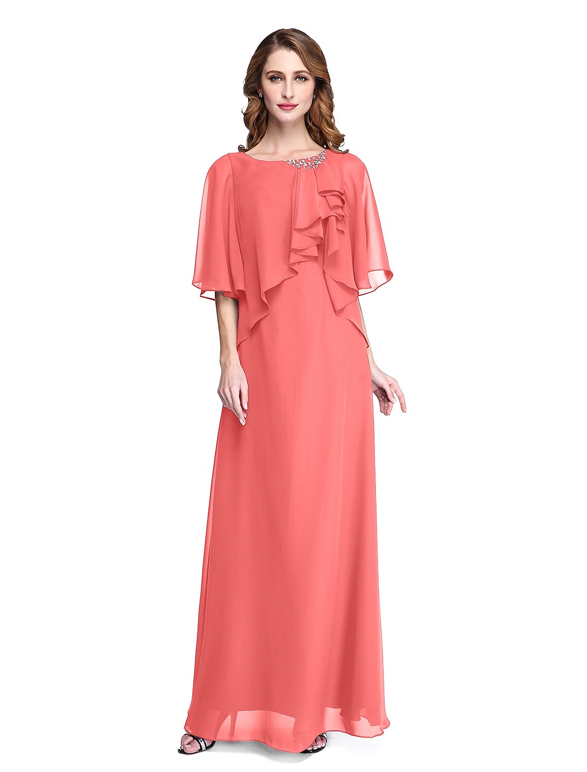 wholesale  Sheath / Column Mother of the Bride Dress Elegant Open Back Jewel Neck Floor Length Chiffon Half Sleeve with Pleats Beading Ruffle