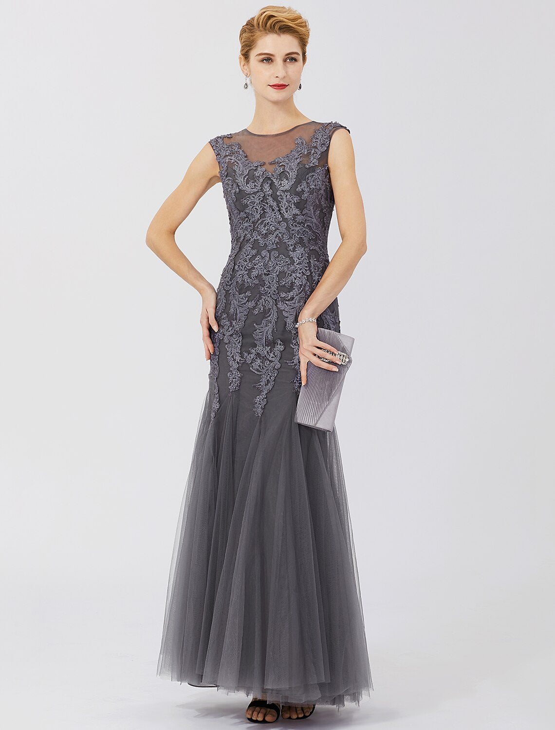 wholesale  Mermaid / Trumpet Mother of the Bride Dress Classic & Timeless Elegant & Luxurious See Through Illusion Neck Floor Length Lace Tulle Sleeveless with Pleats Appliques