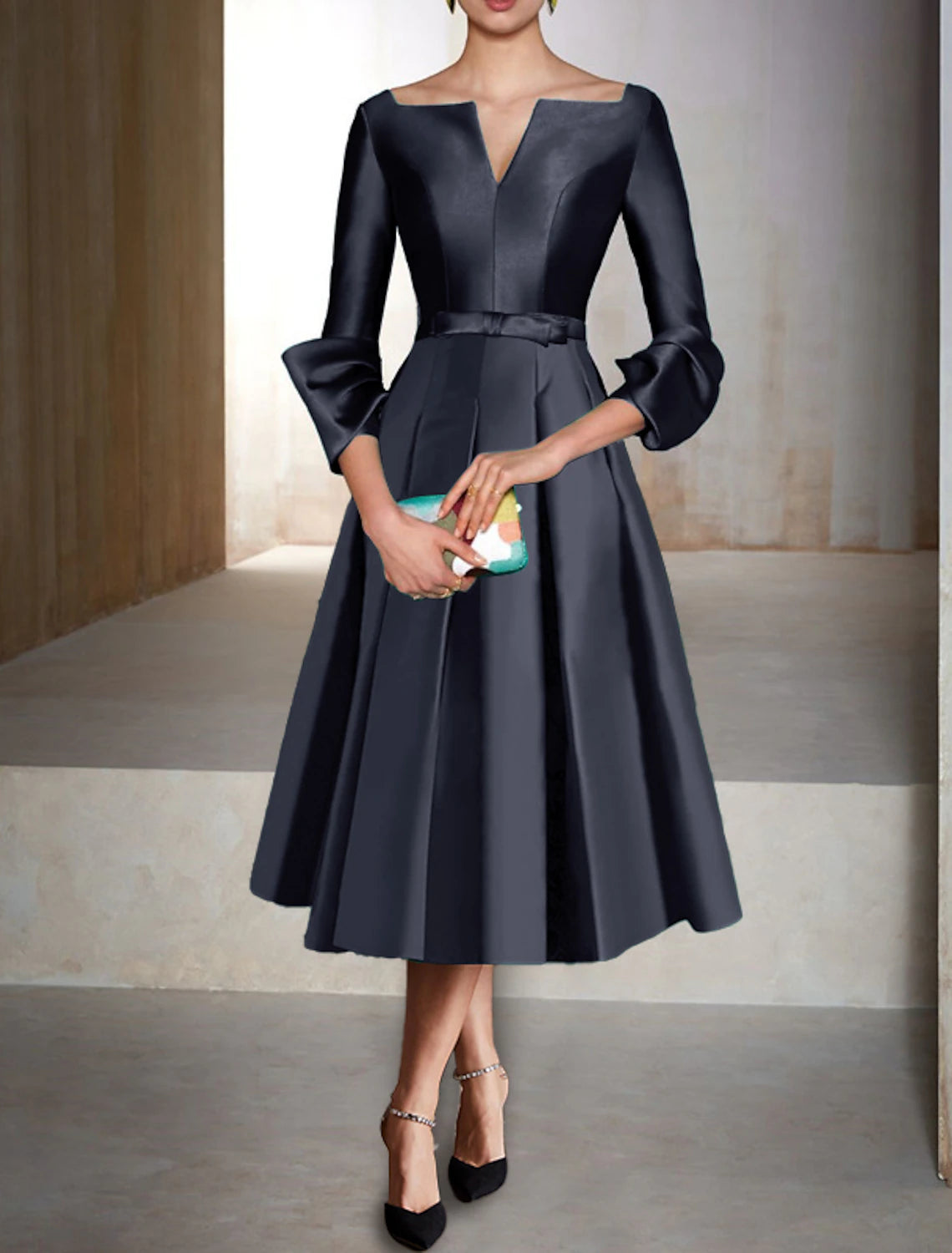 Wholesa A-Line Cocktail Dress Red Green Dresses Elegant Dress Formal Wedding Guest Tea Length 3/4 Length Sleeve V Neck Satin with Pleats