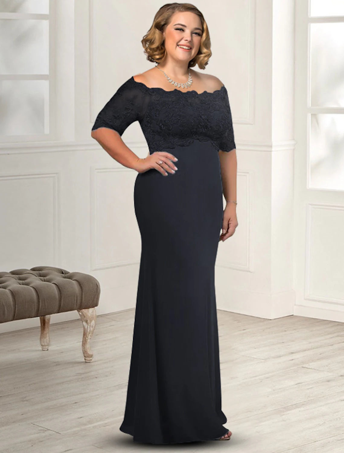 wholesale  Sheath / Column Mother of the Bride Dress Plus Size Elegant Off Shoulder Floor Length Chiffon Lace Half Sleeve with Appliques
