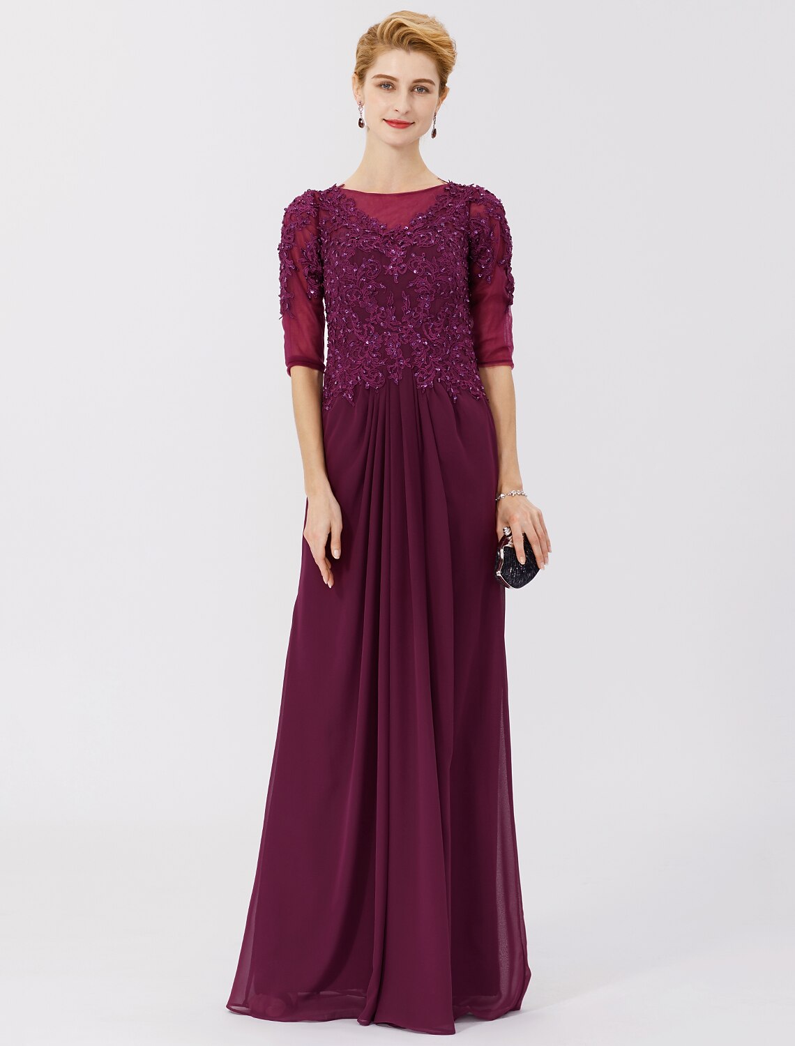 wholesale  Sheath / Column Mother of the Bride Dress Formal Classic & Timeless Elegant & Luxurious See Through Illusion Neck Floor Length Chiffon Beaded Lace 3/4 Length Sleeve No with Pleats Beading