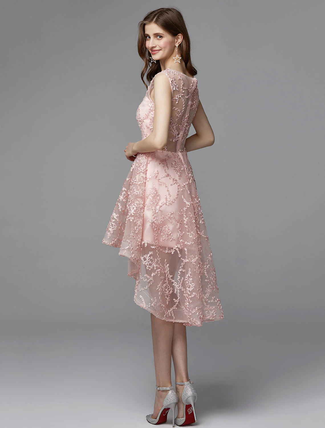 wholesa A-Line Hot Dress Wedding Guest Cocktail Party Asymmetrical Sleeveless Illusion Neck Tulle with Appliques