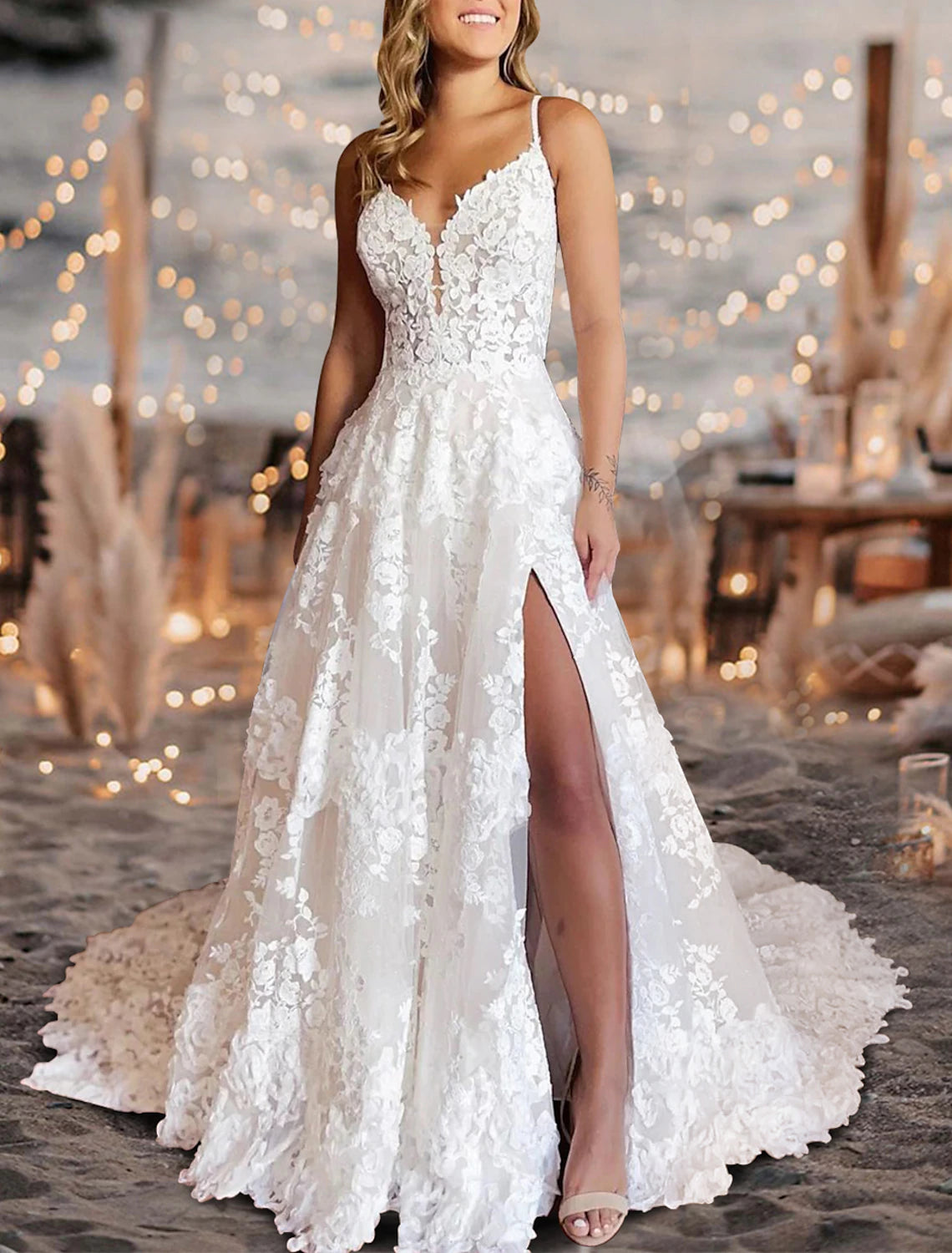 Wholesa Beach Mature Wedding Dresses A-Line Camisole Sleeveless Court Train Lace Bridal Gowns With Pleats Split Fron