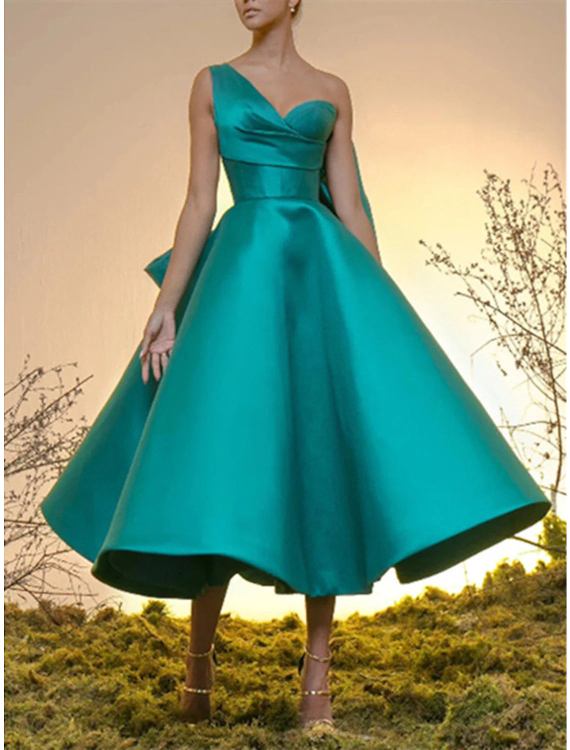 Wholesa Ball Gown Cocktail Black Dress Vintage Dress Homecoming Wedding Guest Tea Length Sleeveless One Shoulder Satin with Bow(s)