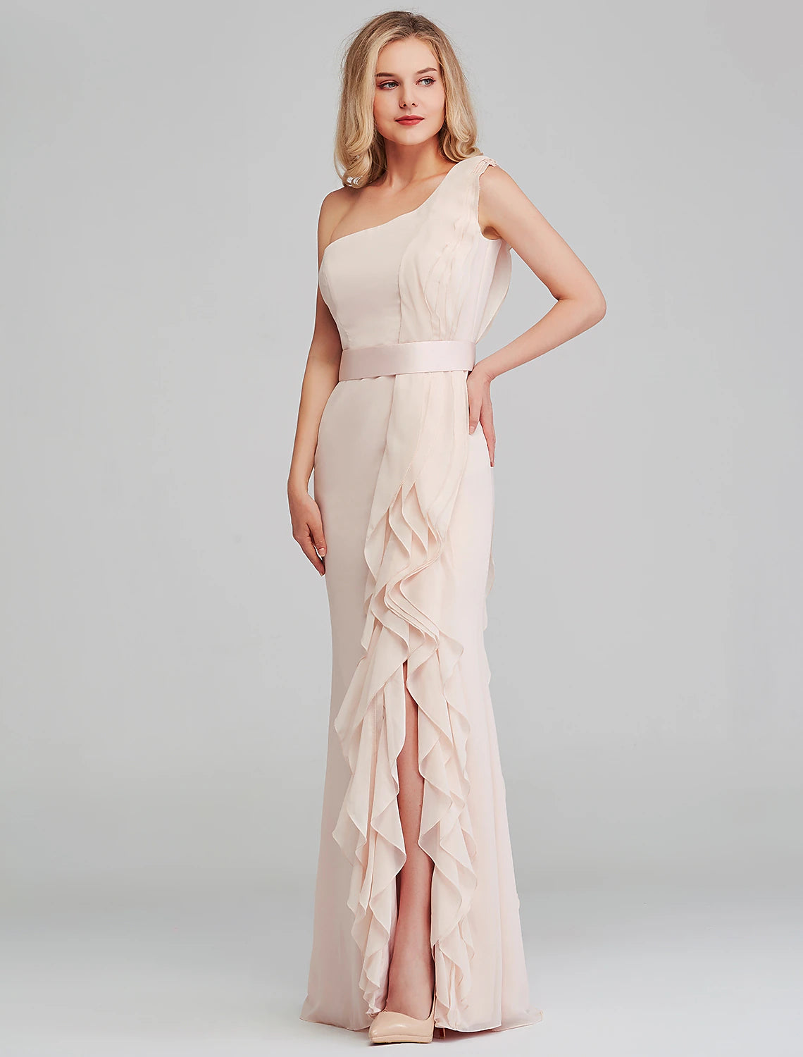 wholesale   Sheath / Column Bridesmaid Dress One Shoulder Sleeveless Elegant Long Length Chiffon with Cascading Ruffles