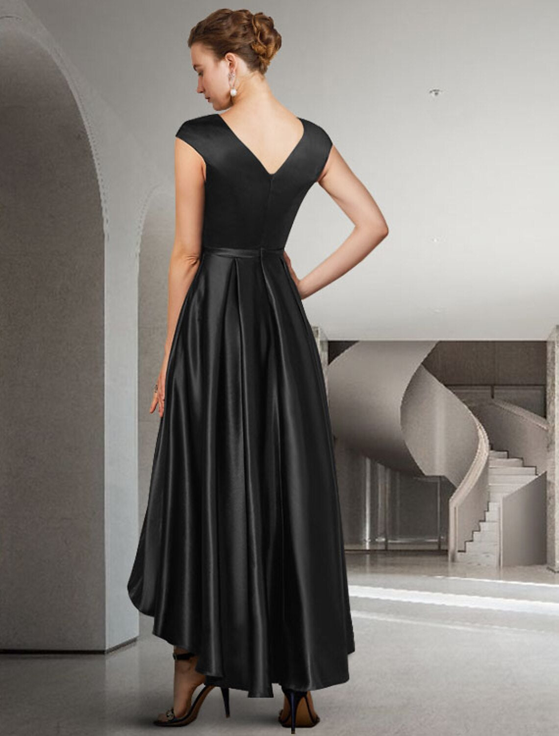 wholesale   A-Line Mother of the Bride Dress Elegant High Low Jewel Neck Asymmetrical Satin Sleeveless with Bow(s) Pleats