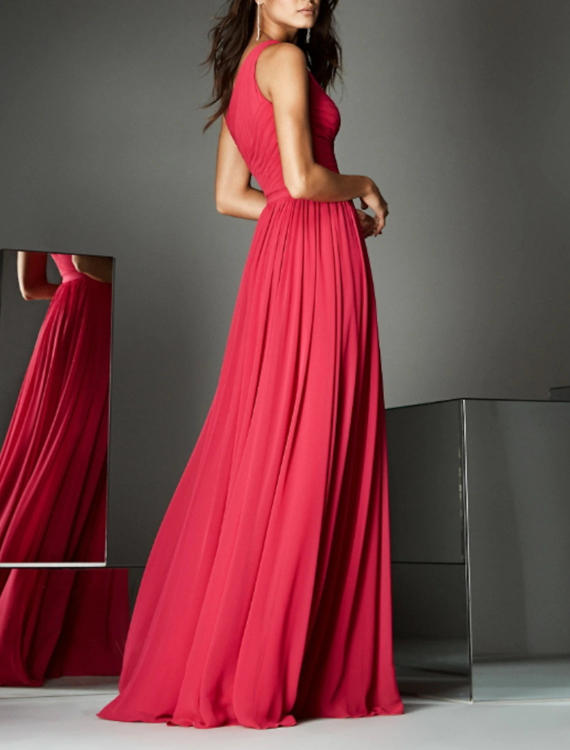 Wholesa A-Line Empire Wedding Guest Formal Evening Dress Formal Red Green Dress One Shoulder Sleeveless Sweep / Brush Train Chiffon with Pleats Ruched