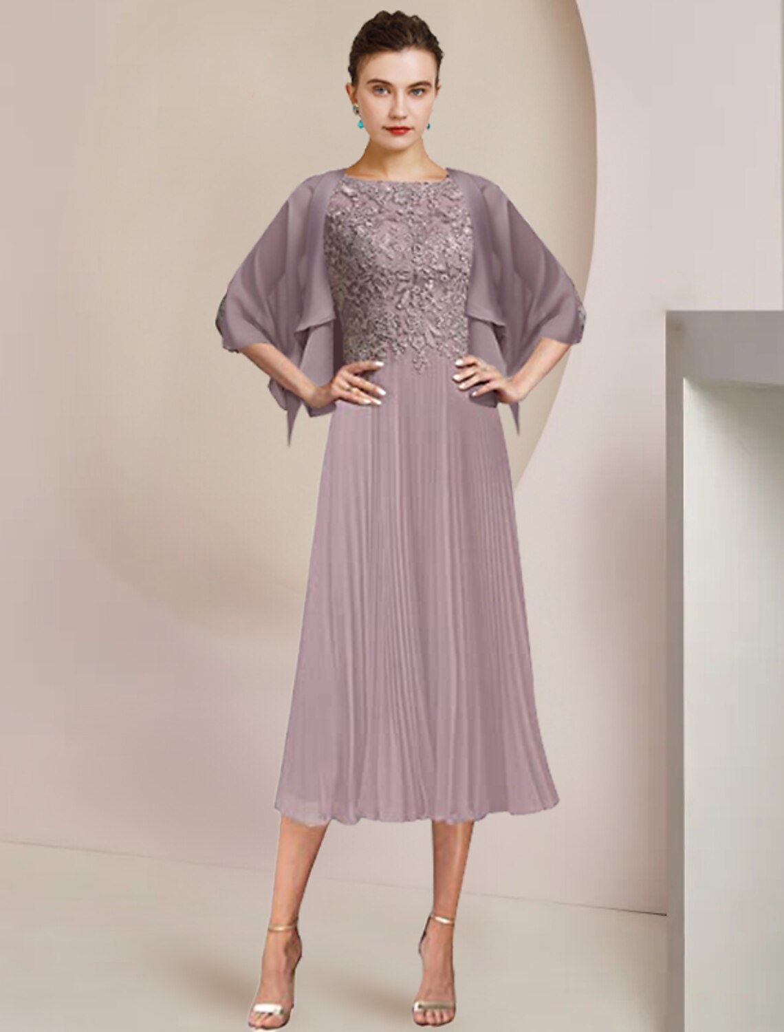 wholesale  Two Piece A-Line Mother of the Bride Dress Formal Wedding Guest Elegant Scoop Neck Tea Length Lace 3/4 Length Sleeve Wrap Included with Pleats Appliques