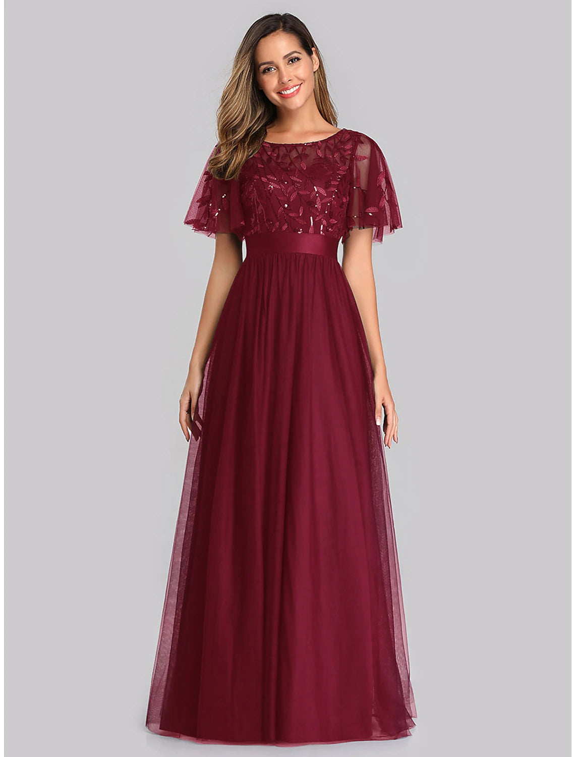 Wholesa A-Line Prom Dresses Empire Dress Wedding Guest Prom Floor Length Short Sleeve Jewel Neck Bridesmaid Dress Tulle with Sequin Appliques