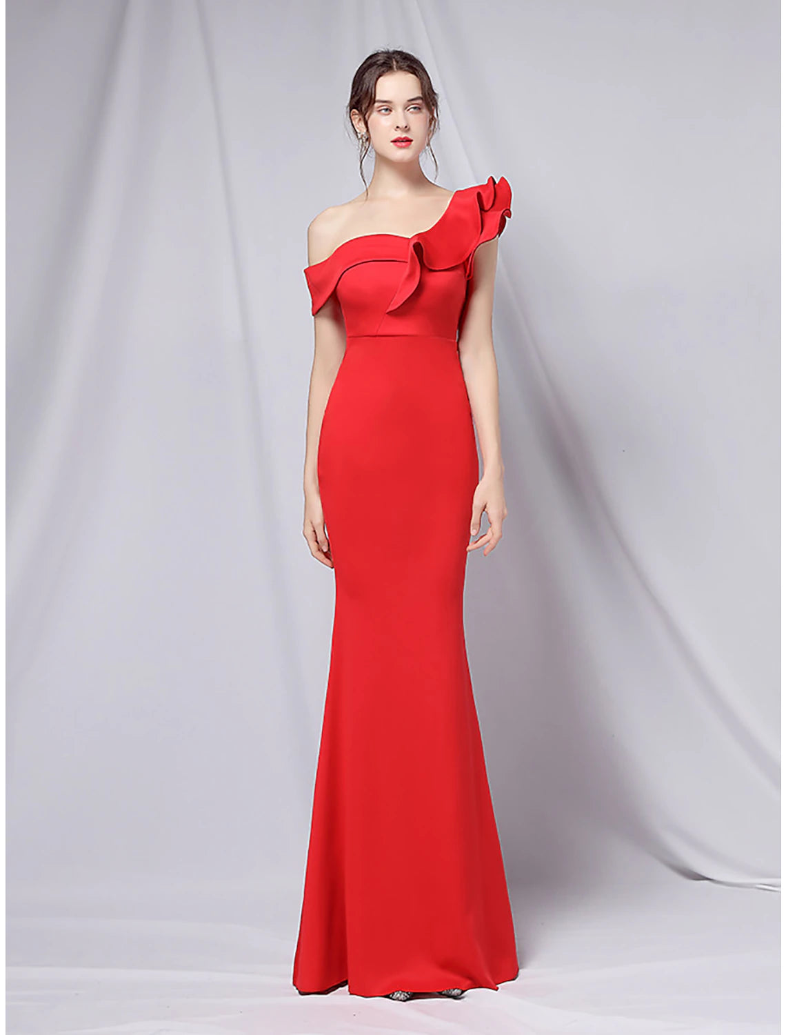 Wholesa Mermaid / Trumpet Evening Gown Empire Dress Wedding Guest Formal Evening Floor Length Short Sleeve One Shoulder Stretch Satin with Ruffles