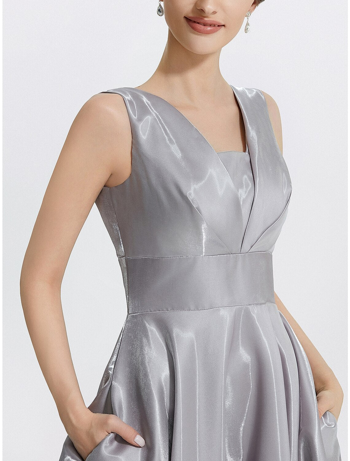 Wholesa A-Line Cocktail Dresses Elegant Dress Formal Wedding Guest Tea Length Sleeveless V Neck Satin with Pocket