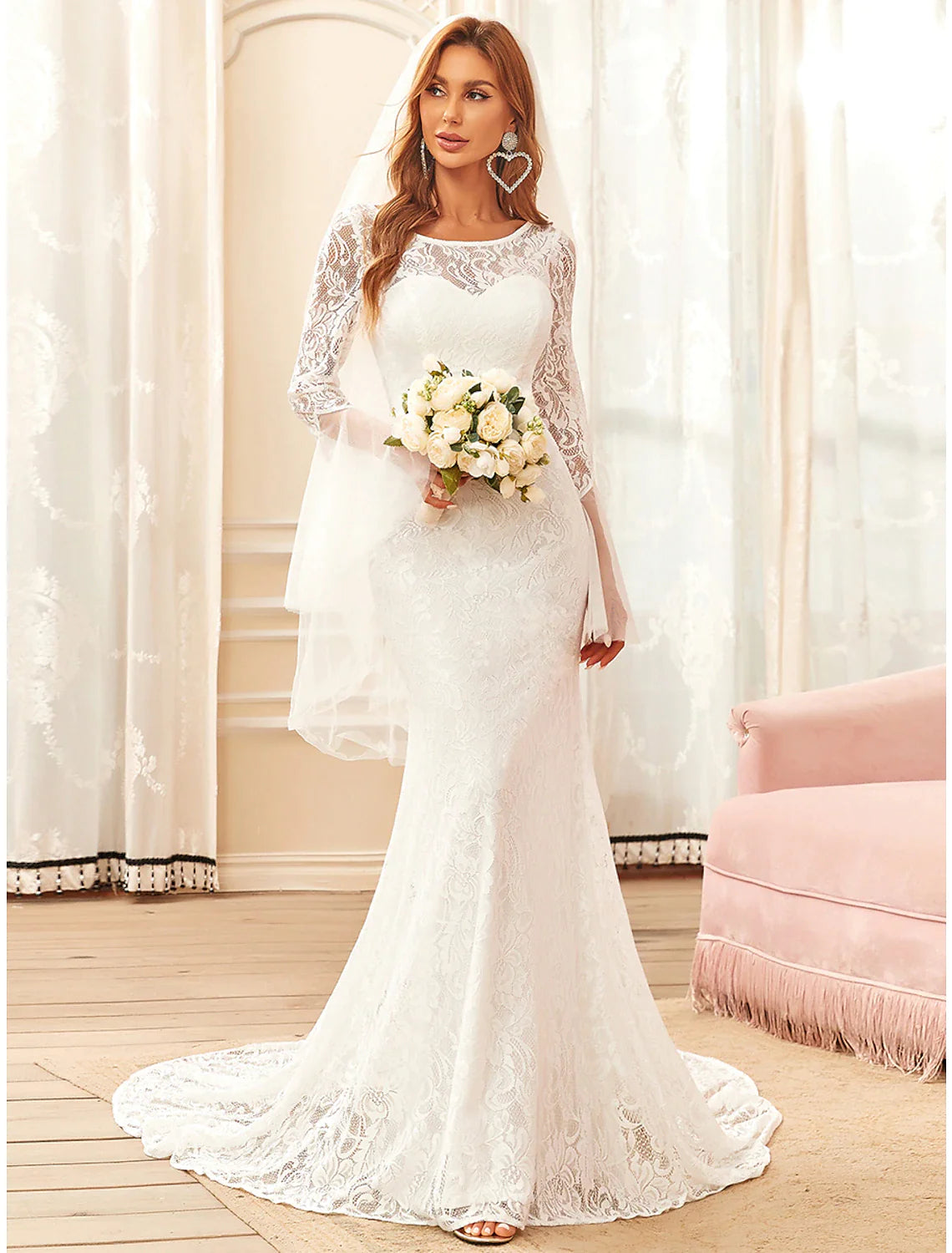 Wholesa Beach Boho Wedding Dresses Sweep / Brush Train Mermaid / Trumpet Long Sleeve Illusion Neck Lace With Lace
