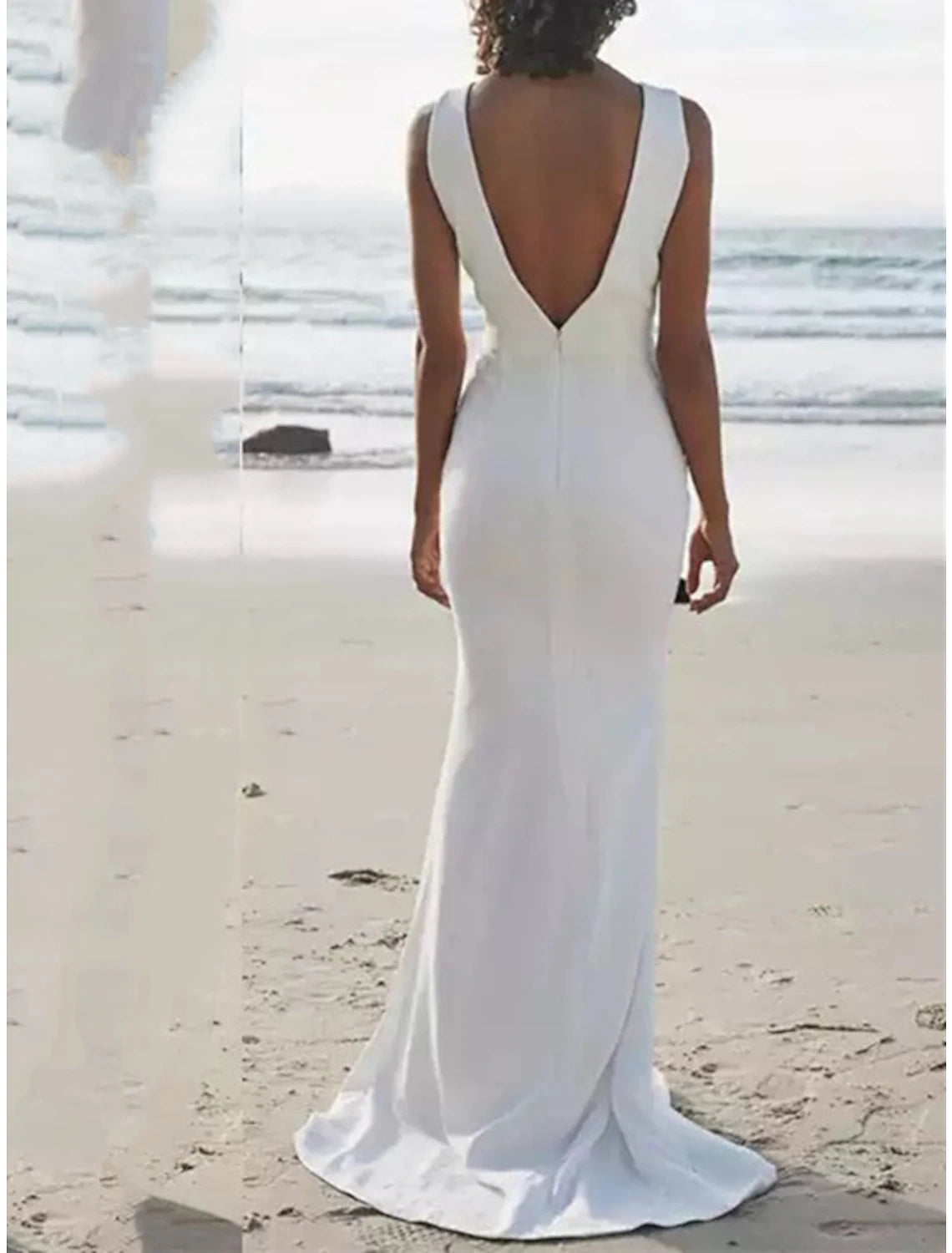 Wholesa  Beach Open Back Simple Wedding Dresses Sheath / Column Scoop Neck Sleeveless Sweep / Brush Train Stretch Fabric Bridal Gowns With Solid Color Summer Wedding Party