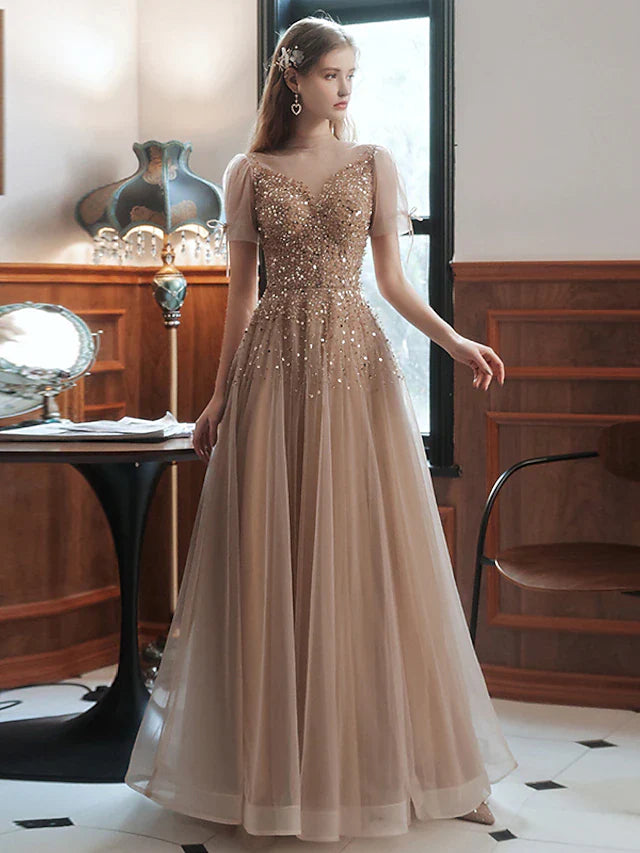 Wholesa A-Line Prom Dresses Sparkle Dress Engagement Floor Length Sleeveless High Neck Tulle with Bow(s) Beading Sequin