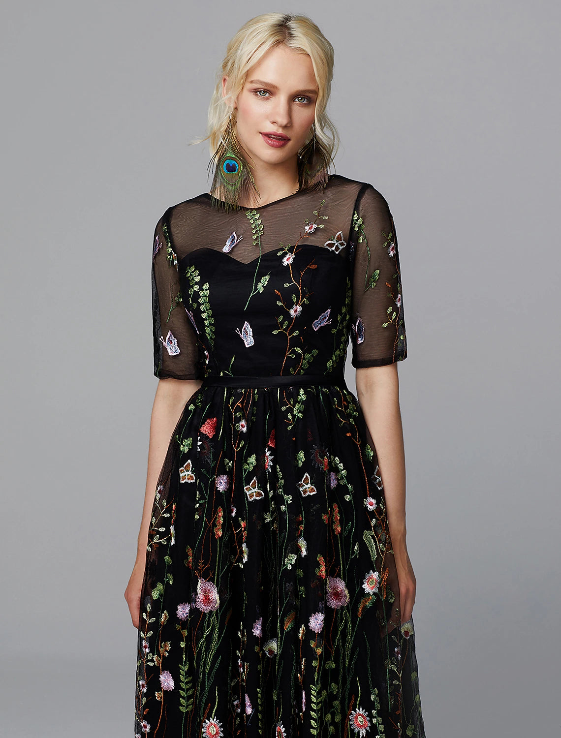wholesale  A-Line Floral Dress Holiday Wedding Guest Tea Length Half Sleeve Illusion Neck Lace with Embroidery Appliques