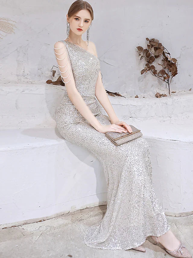 Wholesa Mermaid / Trumpet Evening Gown Sparkle Dress Wedding Guest Floor Length Sleeveless One Shoulder Sequined with Beading Sequin