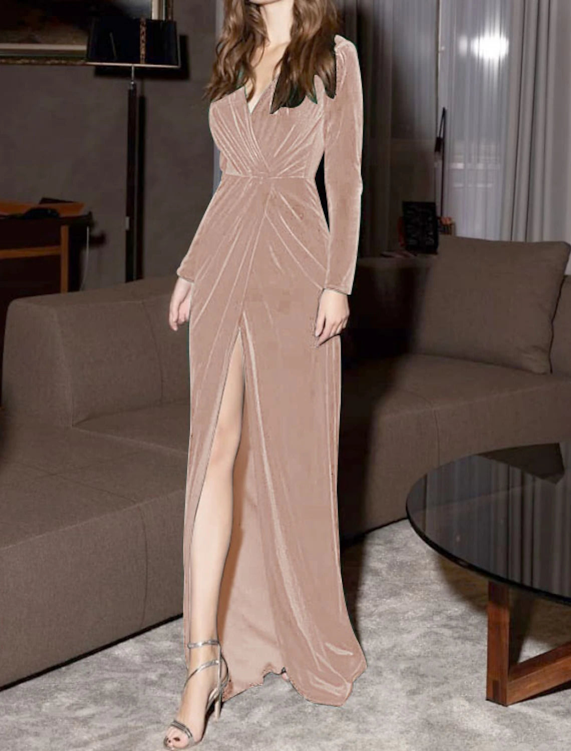 Wholesa Sheath Evening Gown Vintage Dress Red Green Dress Formal Evening Floor Length Long Sleeve V Neck Fall Wedding Guest Velvet with Draping Slit