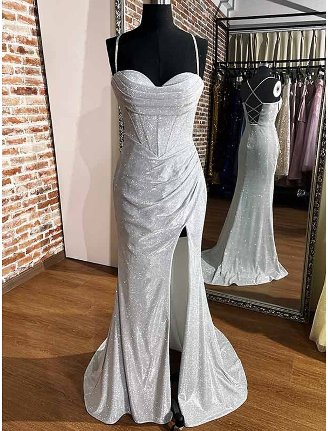 wholesale  Sheath / Column Prom Dresses Corsets Dress Wedding Party Sweep / Brush Train Sleeveless Cowl Neck Fall Wedding Reception Sequined with Glitter Ruched Slit