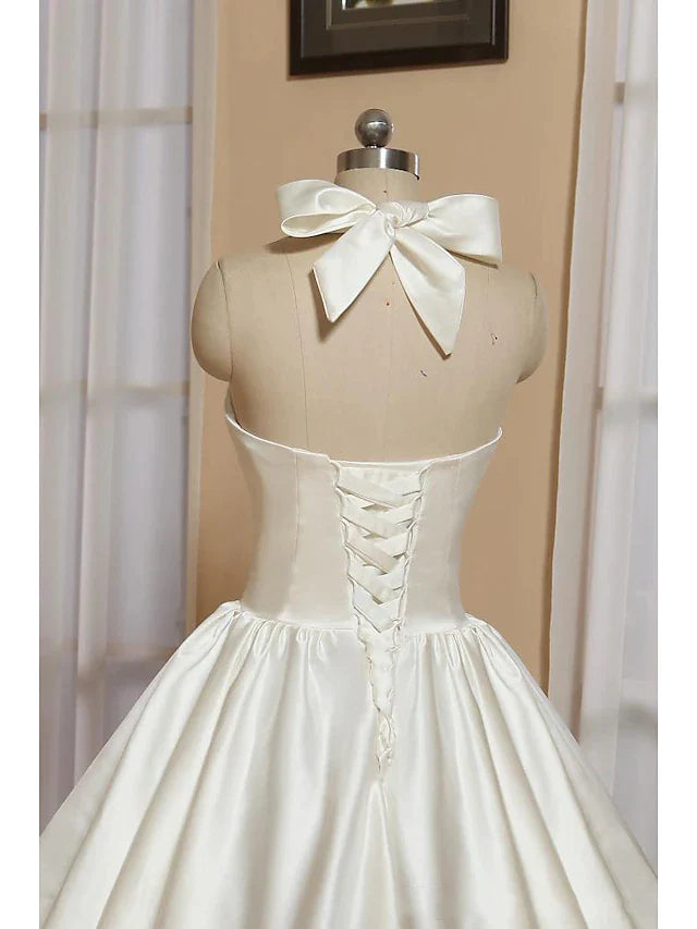 Wholesa Bridal Shower Little White Dresses Wedding Dresses Tea Length A-Line Sleeveless Halter Satin With Bow(s) Pleats