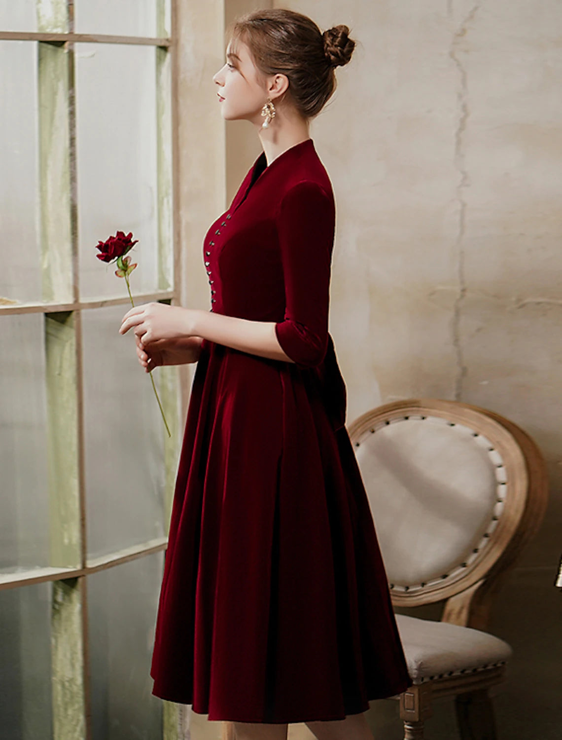 Wholesa A-Line Cocktail Dresses Vintage Dress Wedding Guest Party Wear Tea Length Half Sleeve V Neck Fall Wedding Guest Velvet with Sleek