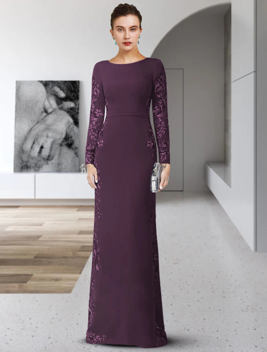 wholesale  Sheath / Column Mother of the Bride Dress Formal Wedding Guest Party Elegant Scoop Neck Floor Length Chiffon Lace Long Sleeve with Sash / Ribbon Appliques