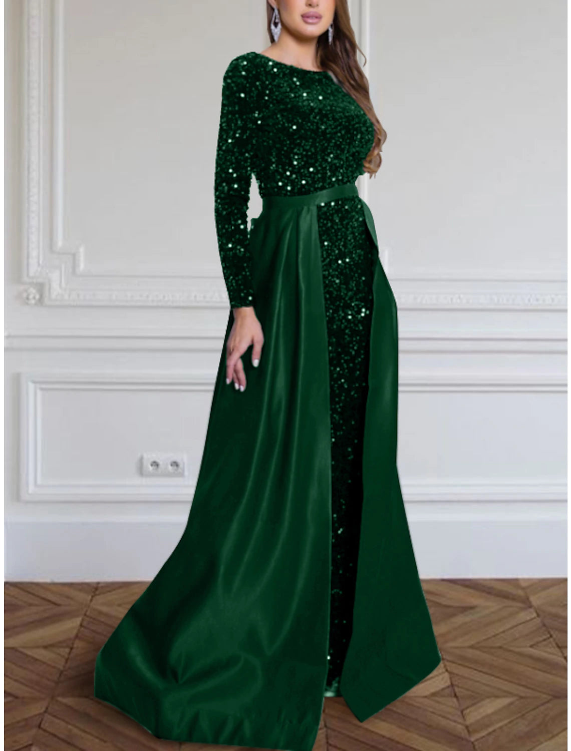 Wholesa A-Line Evening Gown Elegant Dress Formal Fall Sweep / Brush Train Long Sleeve Jewel Neck Sequined with Glitter Pleats