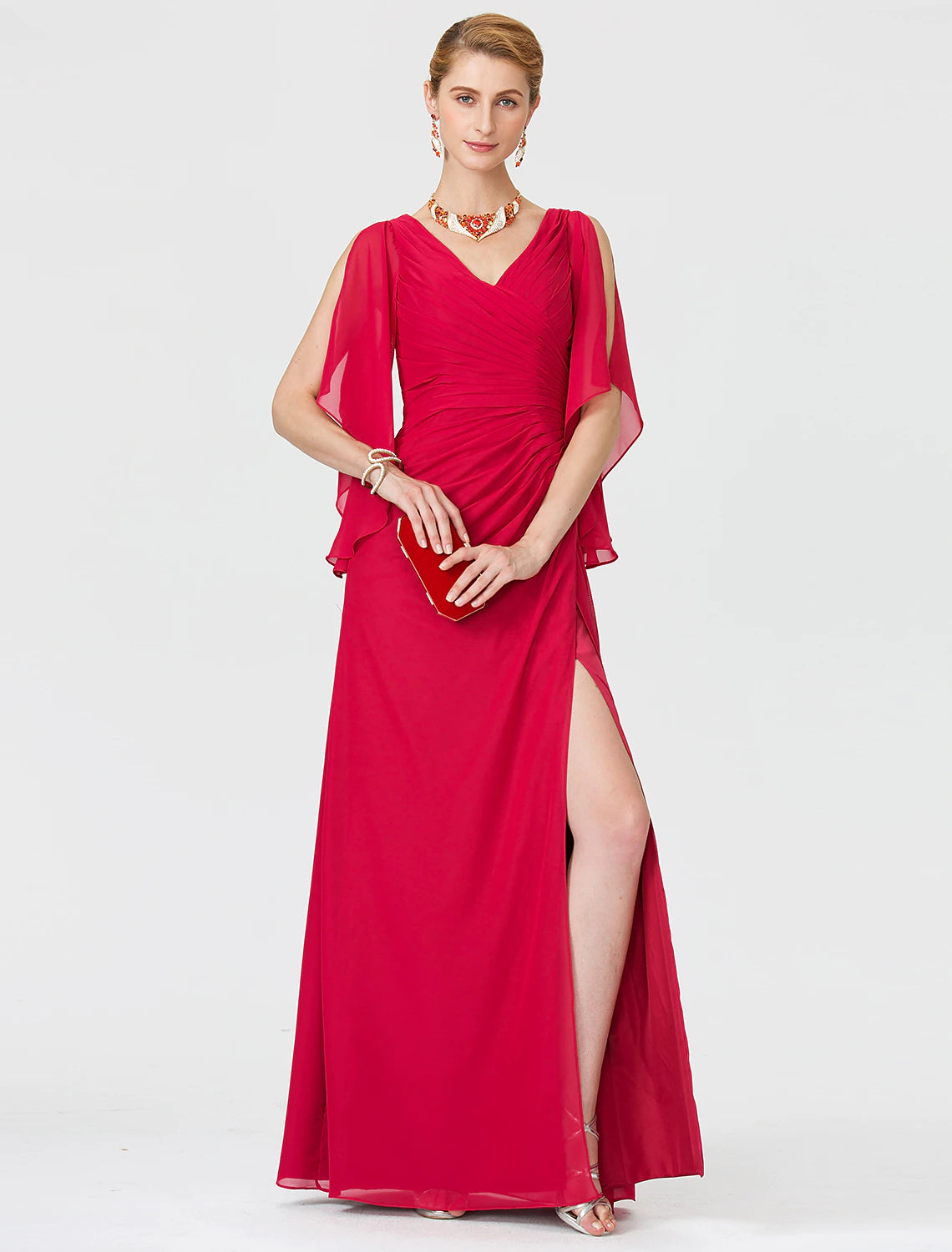 wholesale  Sheath / Column Mother of the Bride Dress Furcal V Neck Floor Length Chiffon Half Sleeve No with Criss Cross Split Front
