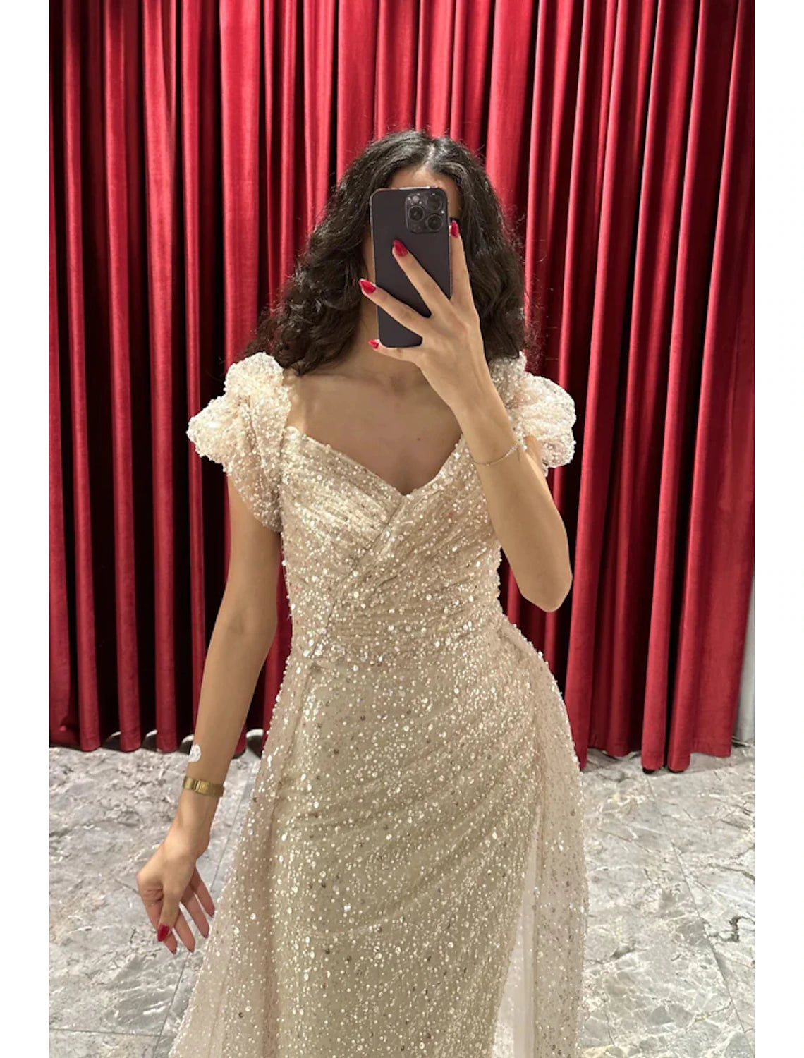 Wholesa Sheath / Column Evening Gown Sparkle & Shine Dress Formal Fall Sweep / Brush Train Short Sleeve V Neck Sequined with Glitter Ruched