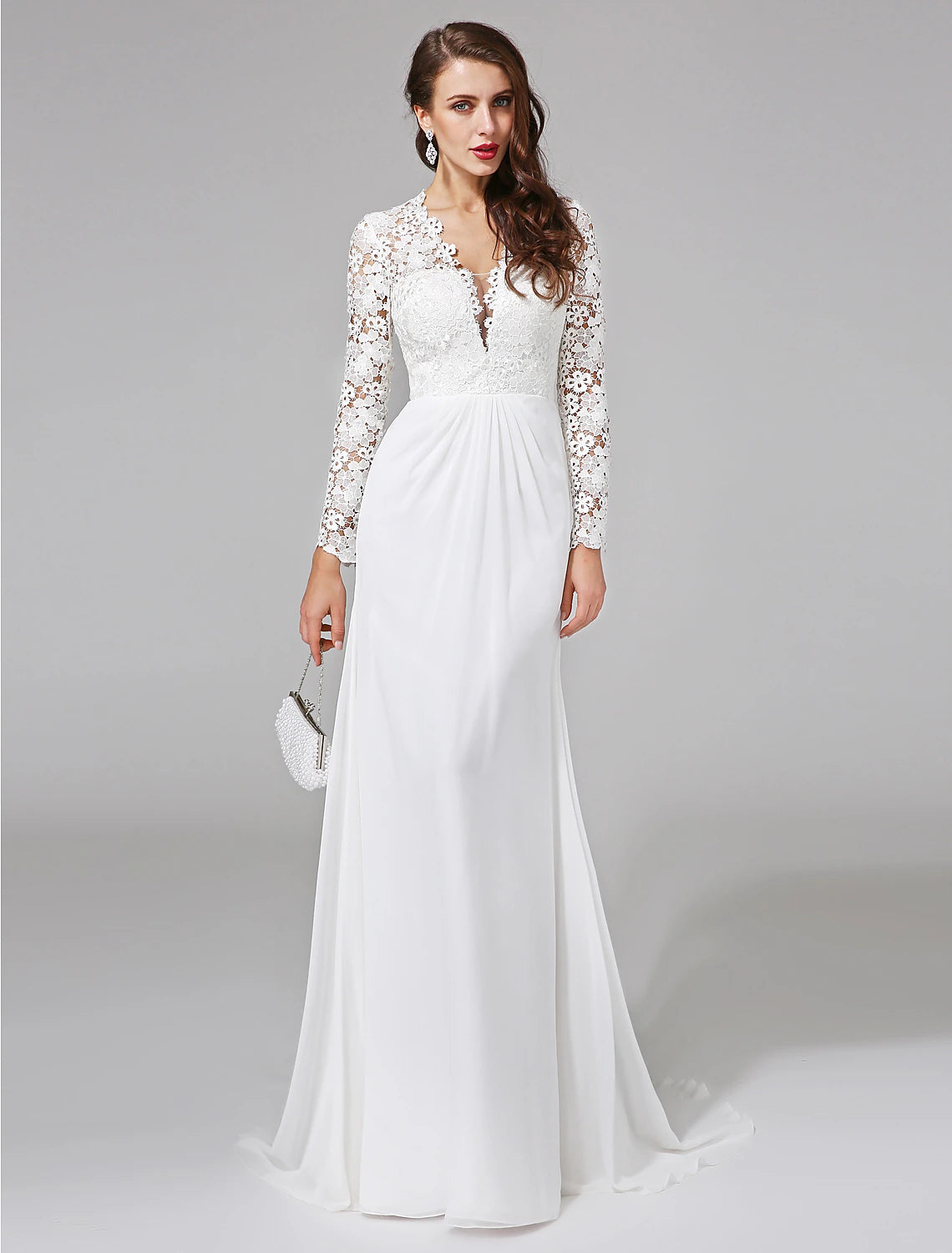 wholesale  Beach Royal Style Boho Wedding Dresses Sheath / Column Illusion Neck Long Sleeve Sweep / Brush Train Chiffon Bridal Gowns With Lace Button
