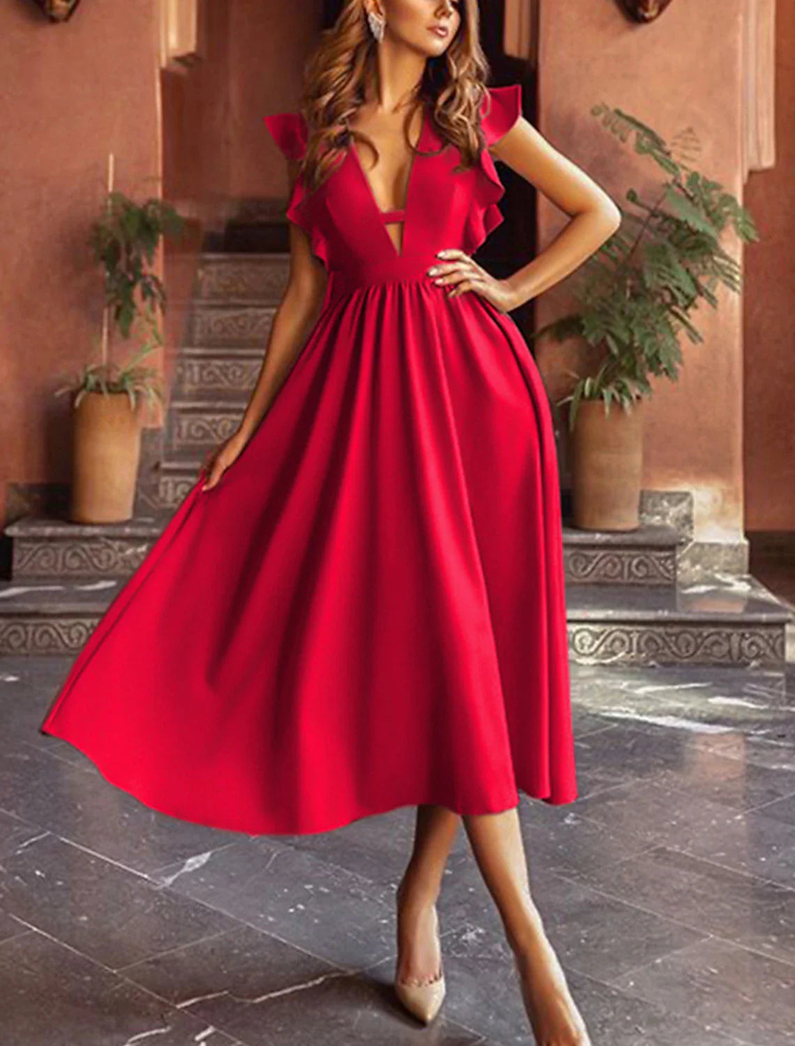 Wholesa A-Line Princess Cute Wedding Guest Prom Dress V Neck Sleeveless Tea Length Stretch Fabric with Ruffles Pure Color