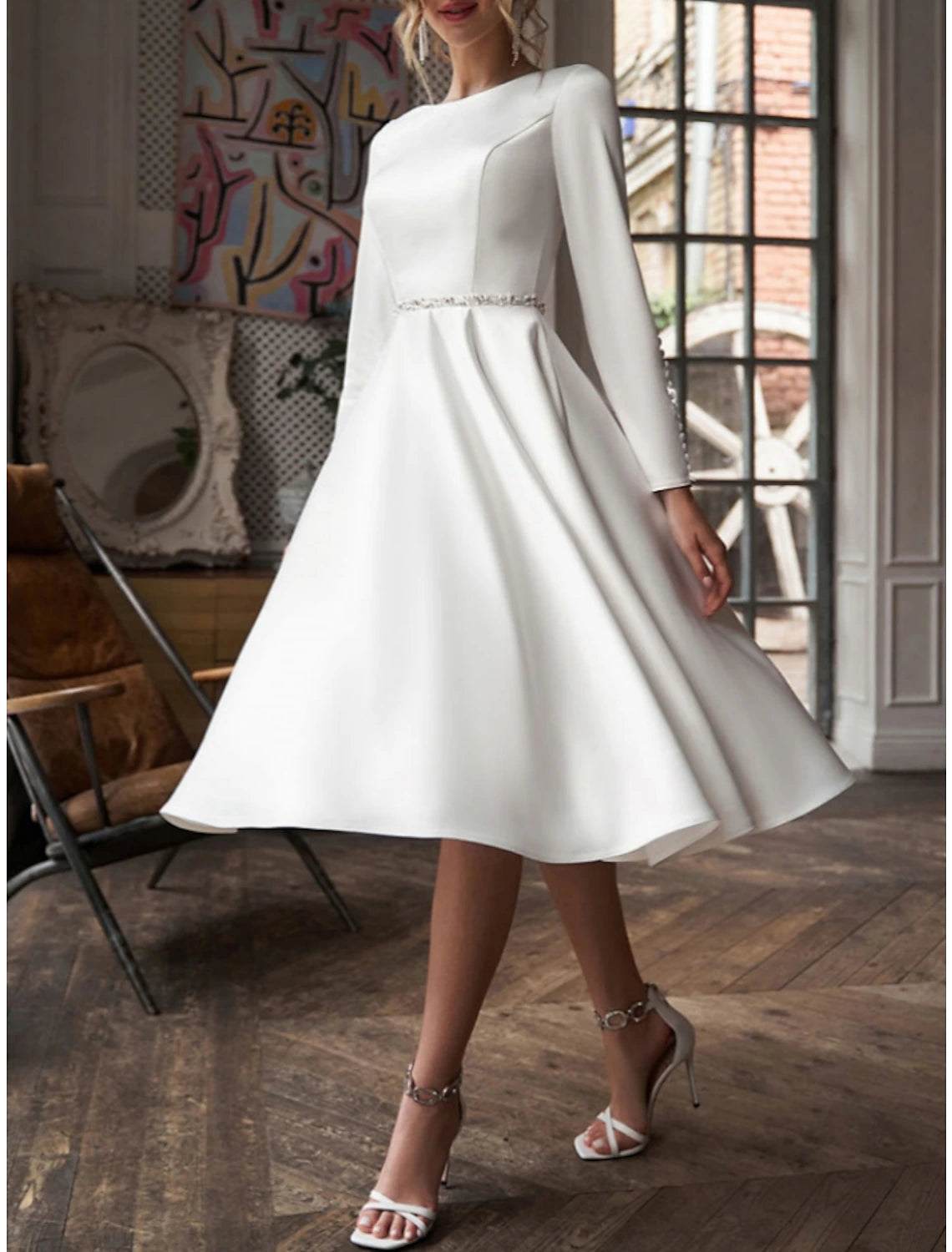 Wholesa Simple Wedding Dresses Little White Dresses A-Line Scoop Neck Long Sleeve Knee Length Satin Bridal Gowns With Pleats Beading