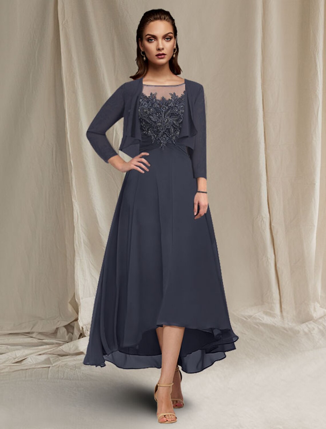 wholesale  A-Line Mother of the Bride Dress Elegant High Low Jewel Neck Asymmetrical Tea Length Chiffon Lace Short Sleeve Wrap Included with Ruched Sequin Appliques